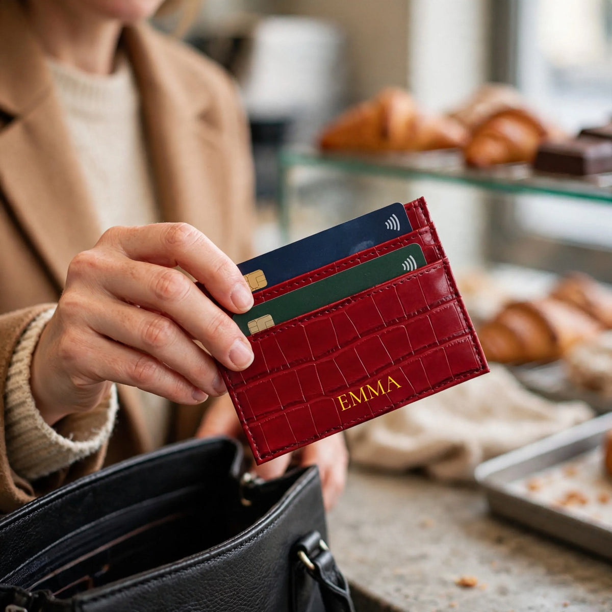 Porte-cartes en cuir motif croco personnalisé Lou porté en situation