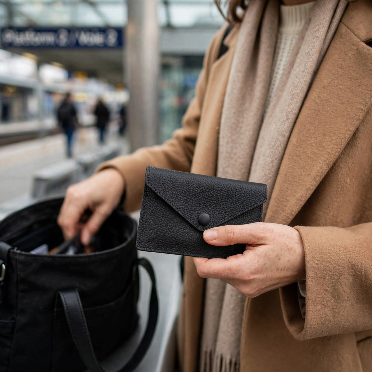 Porte-cartes en cuir enveloppe à rabat porté en situation