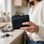 Porte-cartes en cuir zippé compact porté en situation