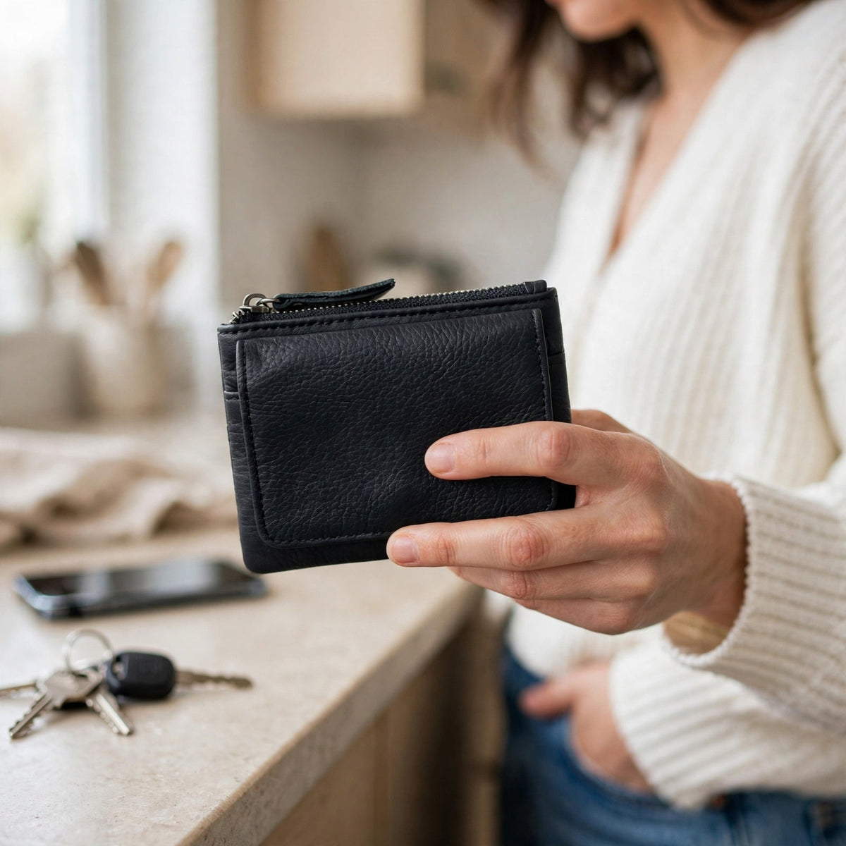 Porte-cartes en cuir zippé compact porté en situation