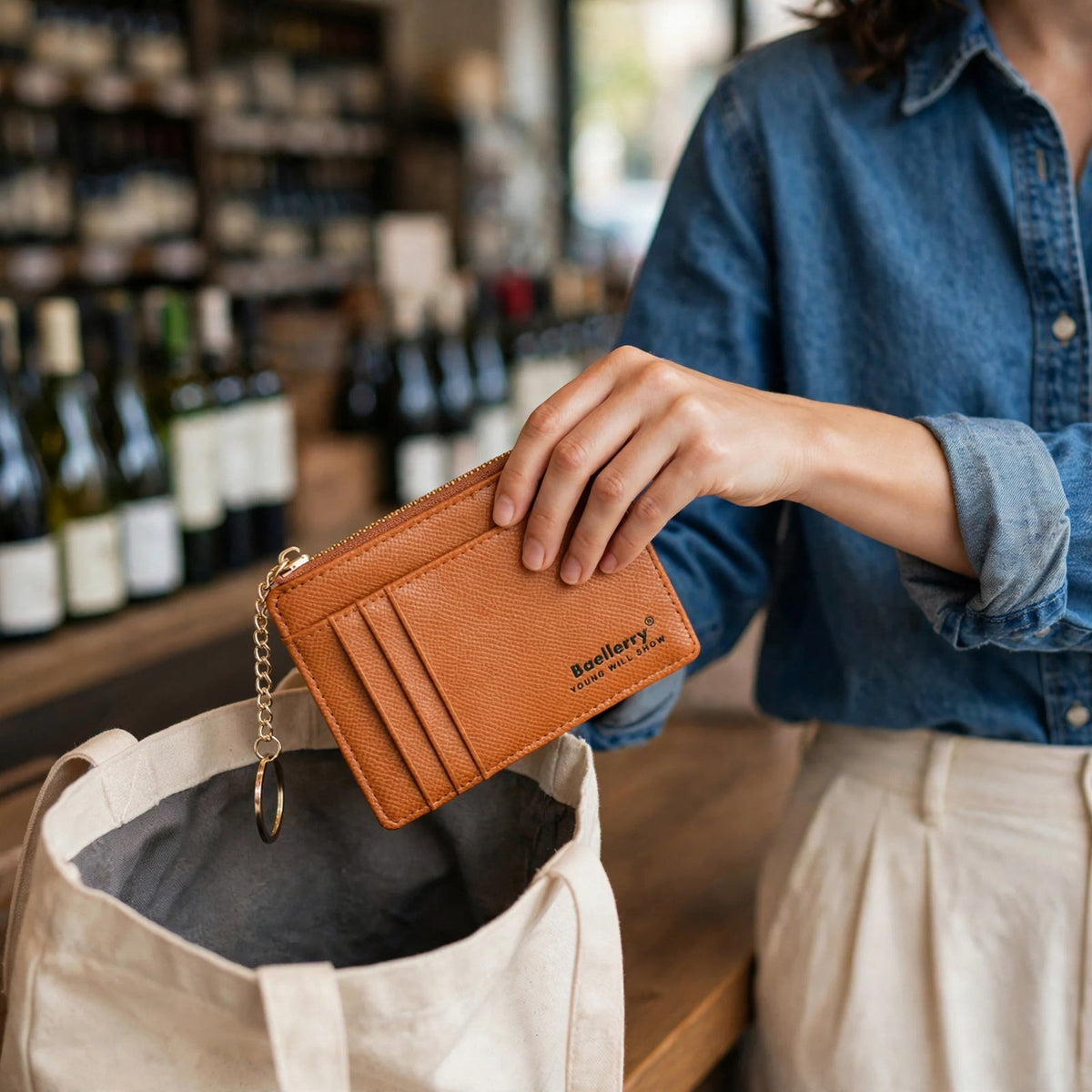 Porte-cartes en cuir porte-clés zippé porté en situation