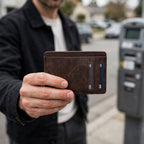 Porte-cartes simple fin effet vieilli porté en situation