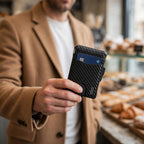 Porte-cartes carbone pop-up avec pince à billets porté en situation