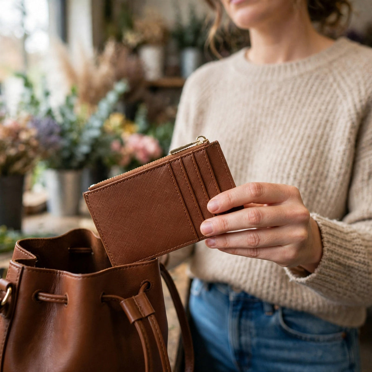 Porte-cartes en cuir zippé fin porté en situation