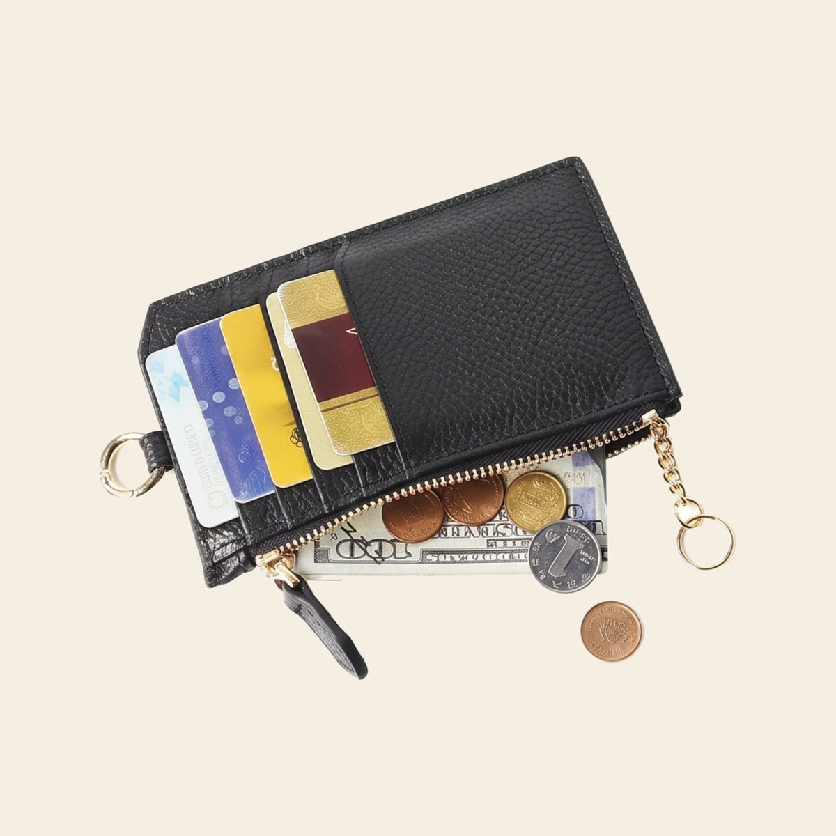 Porte-cartes en cuir zippé avec porte-clés