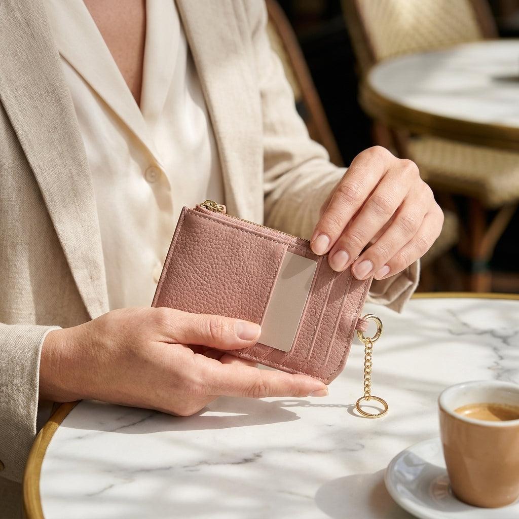 Porte-cartes en cuir zippé avec porte-clés