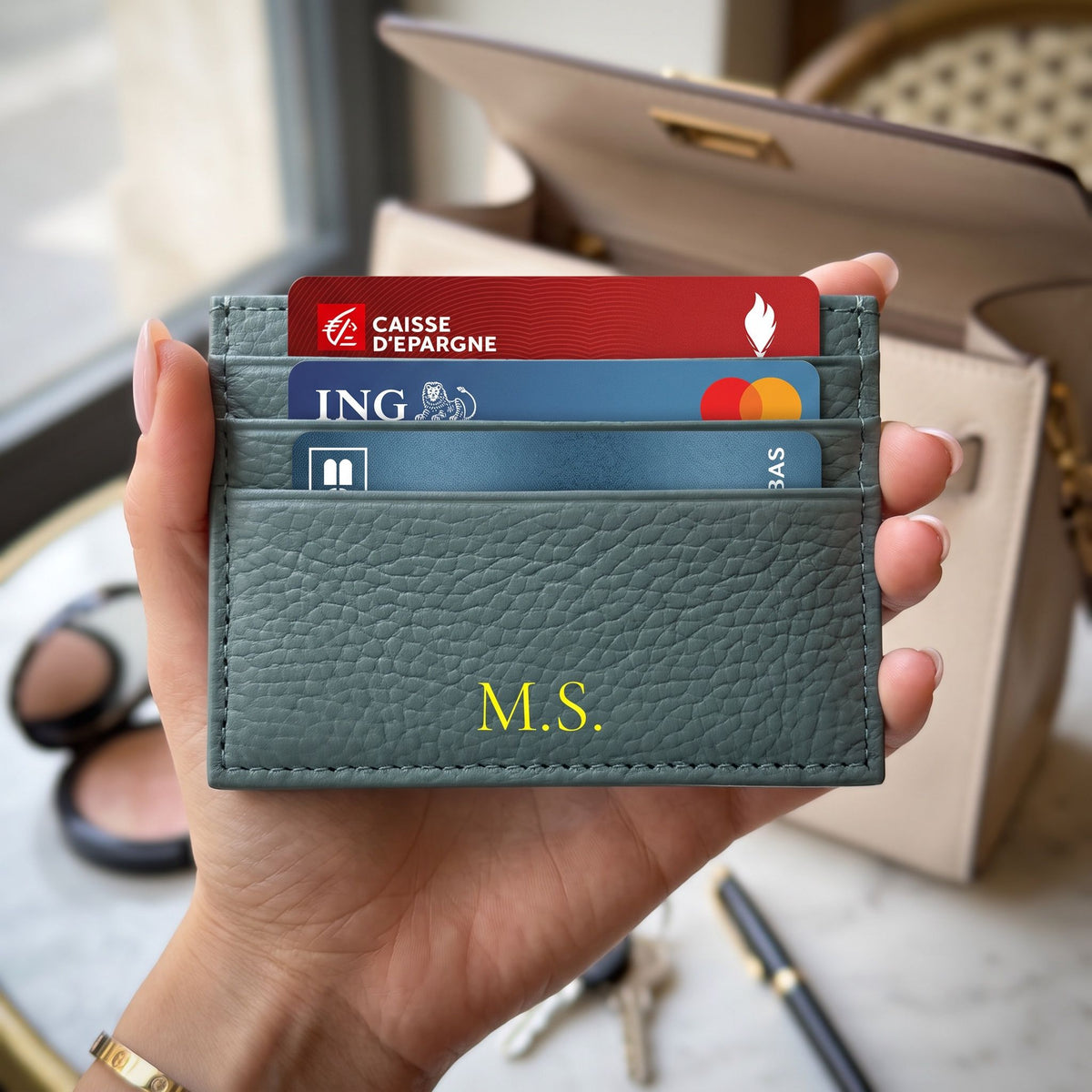 Porte-cartes en cuir luxe pour femme personnalisé initiales