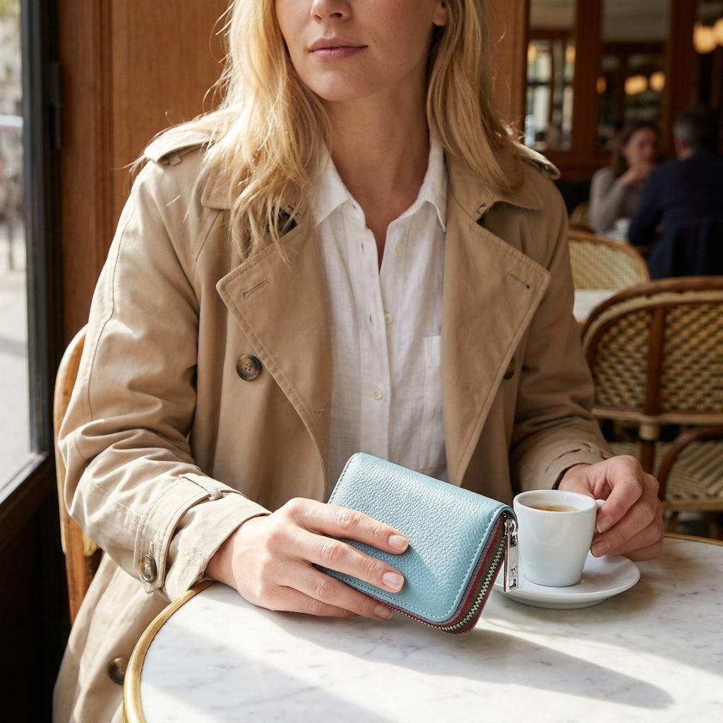 Porte-cartes en cuir luxe pour femme zippé accordéon grande capacité