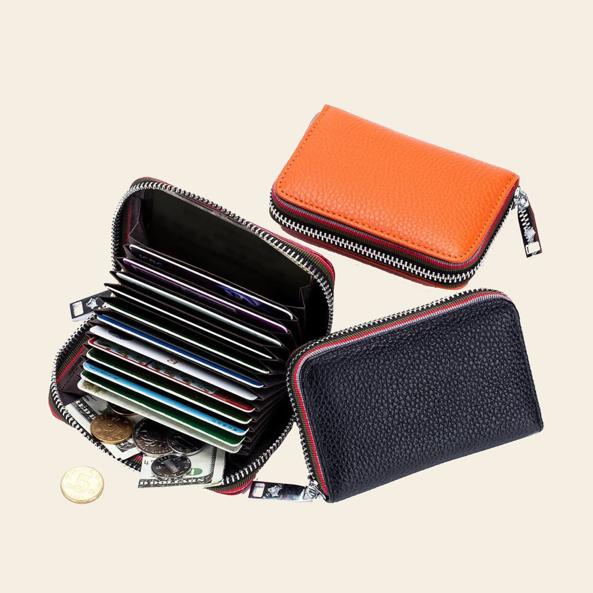 Porte-cartes en cuir luxe pour femme zippé accordéon grande capacité
