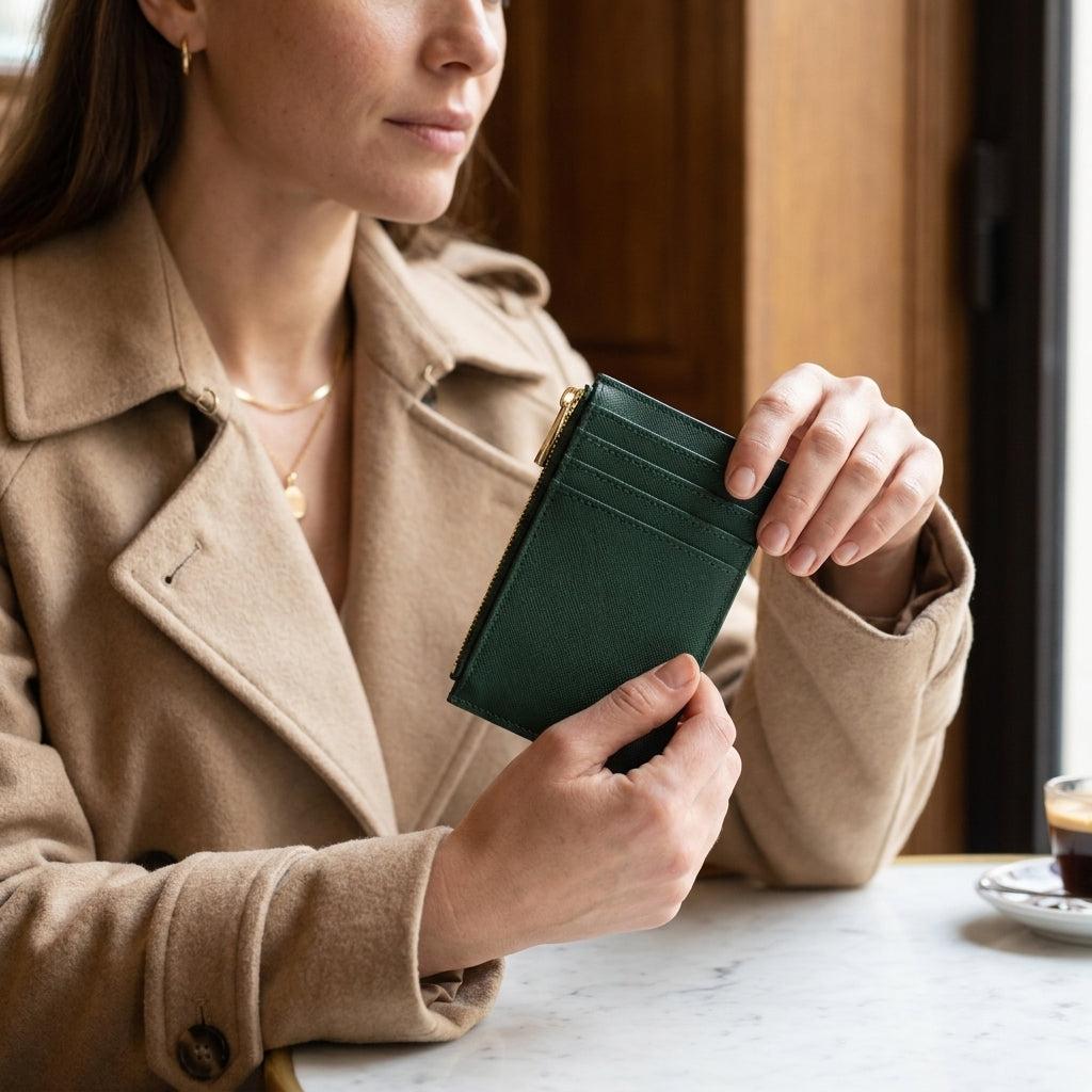 Porte-cartes en cuir luxe pour femme zippé fin