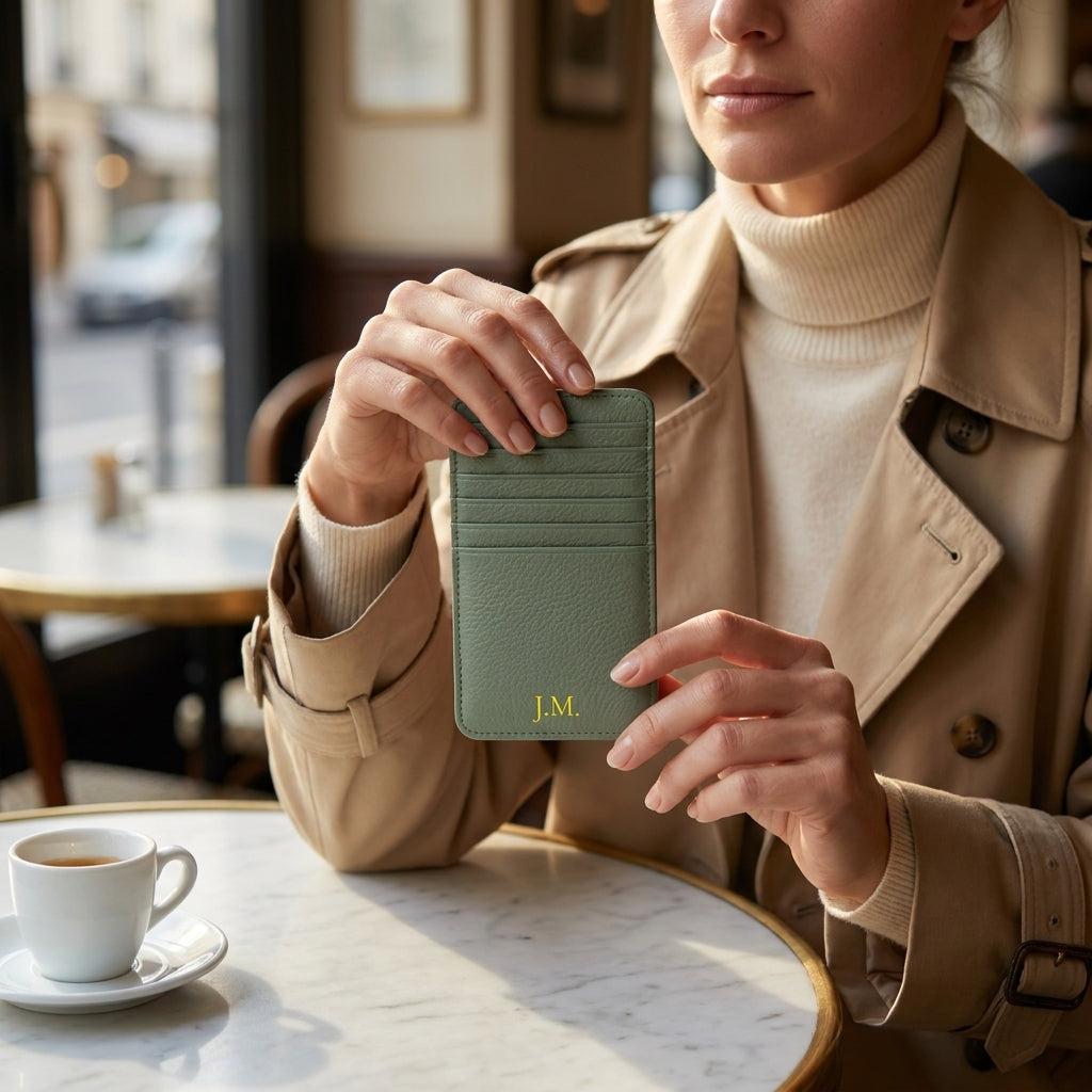 Porte-cartes en cuir luxe vertical personnalisé initiales unisexe