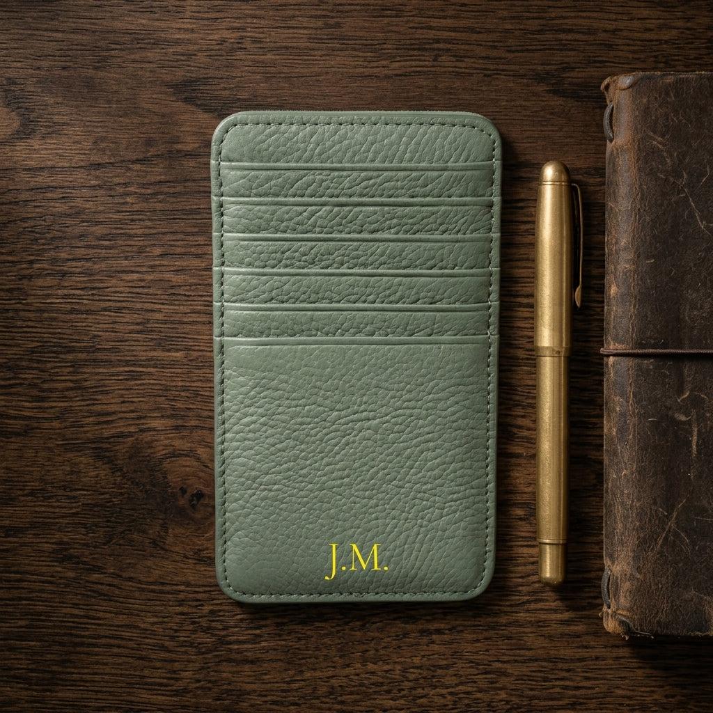 Porte-cartes en cuir luxe vertical personnalisé initiales unisexe