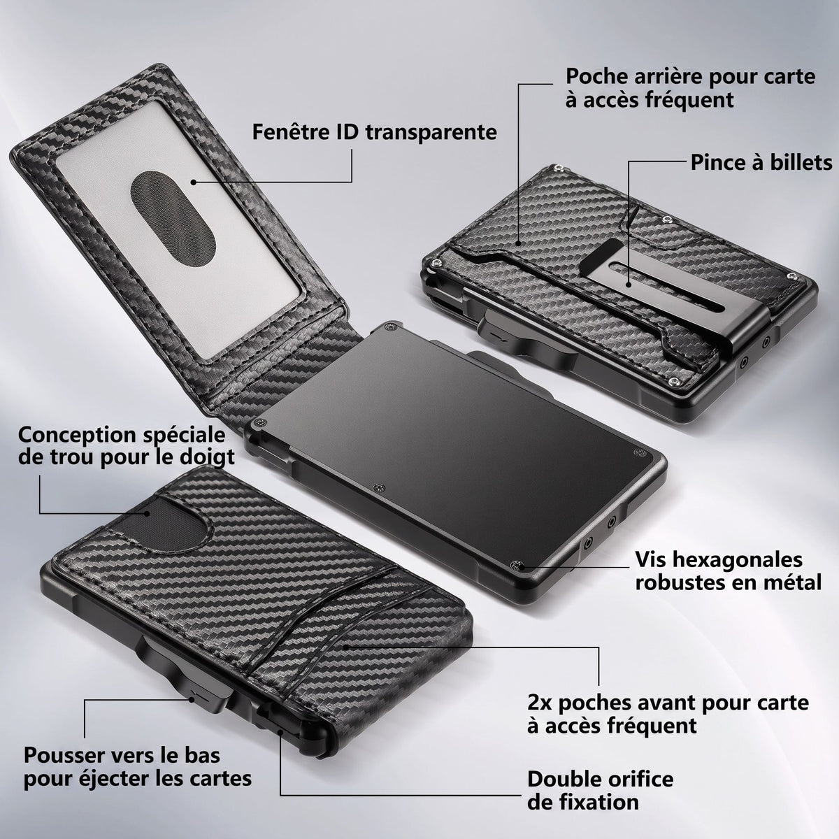 Porte-cartes pour homme carbone rigide automatique pop-up sécurisé anti-RFID pince à billets