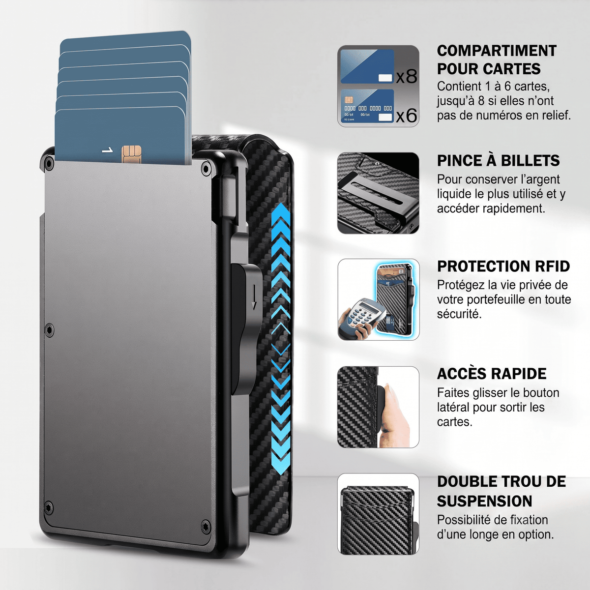 Porte-cartes pour homme carbone rigide automatique pop-up sécurisé anti-RFID pince à billets