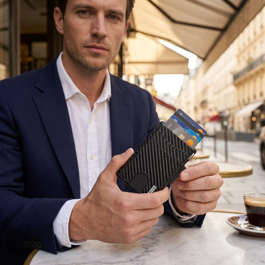 Porte-cartes pour homme carbone rigide automatique pop-up sécurisé anti-RFID pince à billets